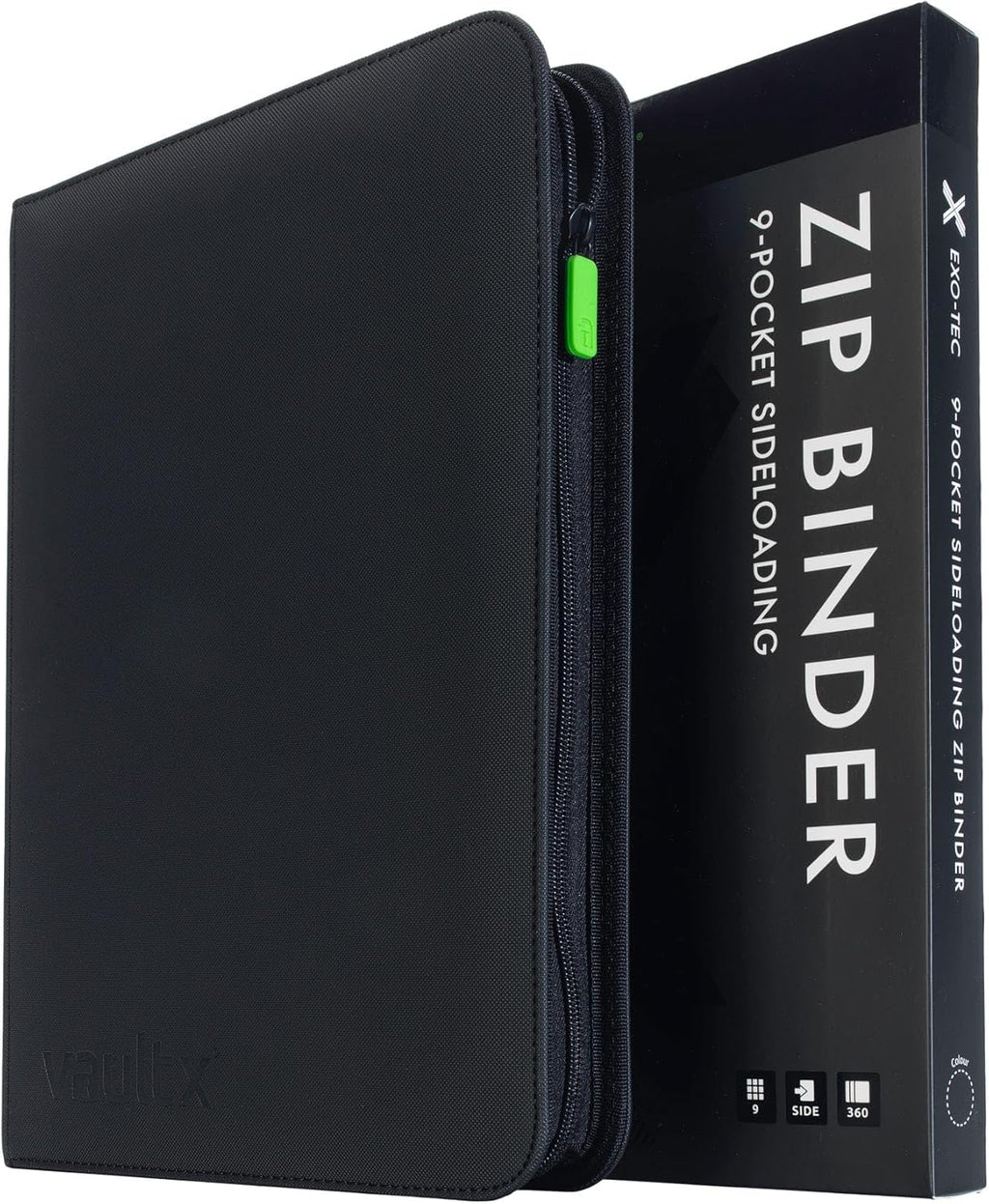Vault X 9 Pocket Trading Card Zip Binder, 360 Cards, Premium Exo-Tec Album Material, 20 Side-Loading Pages, Folder for Collectible Games, Sports, TCG (Black)