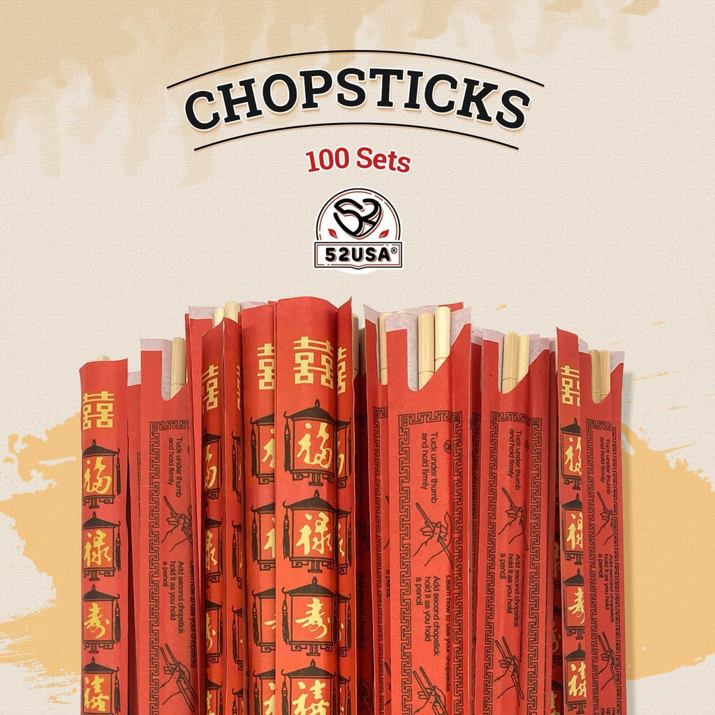 52USA Disposable Bamboo Chopsticks (100 Sets) - 9'' Long, UV Treated, Individually Wrapped Japanese and Chinese Wooden Chopsticks Bulk