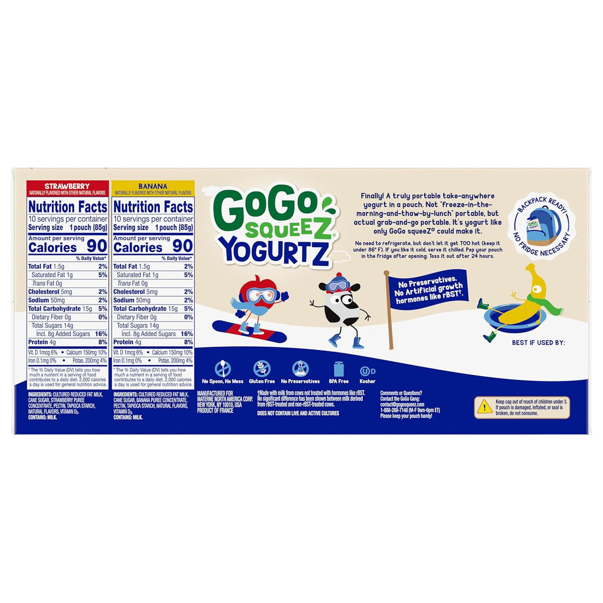 GoGo squeeZ yogurtZ Variety Pack, Strawberry & Banana, 3 oz (Pack of 20), Kids Snacks Made from Real Yogurt and Fruit, No Fridge Needed, Gluten Free, Nut Free, Recloseable Cap, BPA Free Pouches