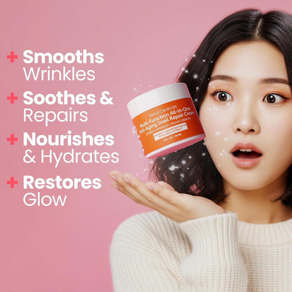 SeoulCeuticals Snail Mucin Moisturizer 97.5% - Korean Skin Care Snail Repair Cream - Day & Night Anti Aging K Beauty Skincare Cruelty Free 2oz
