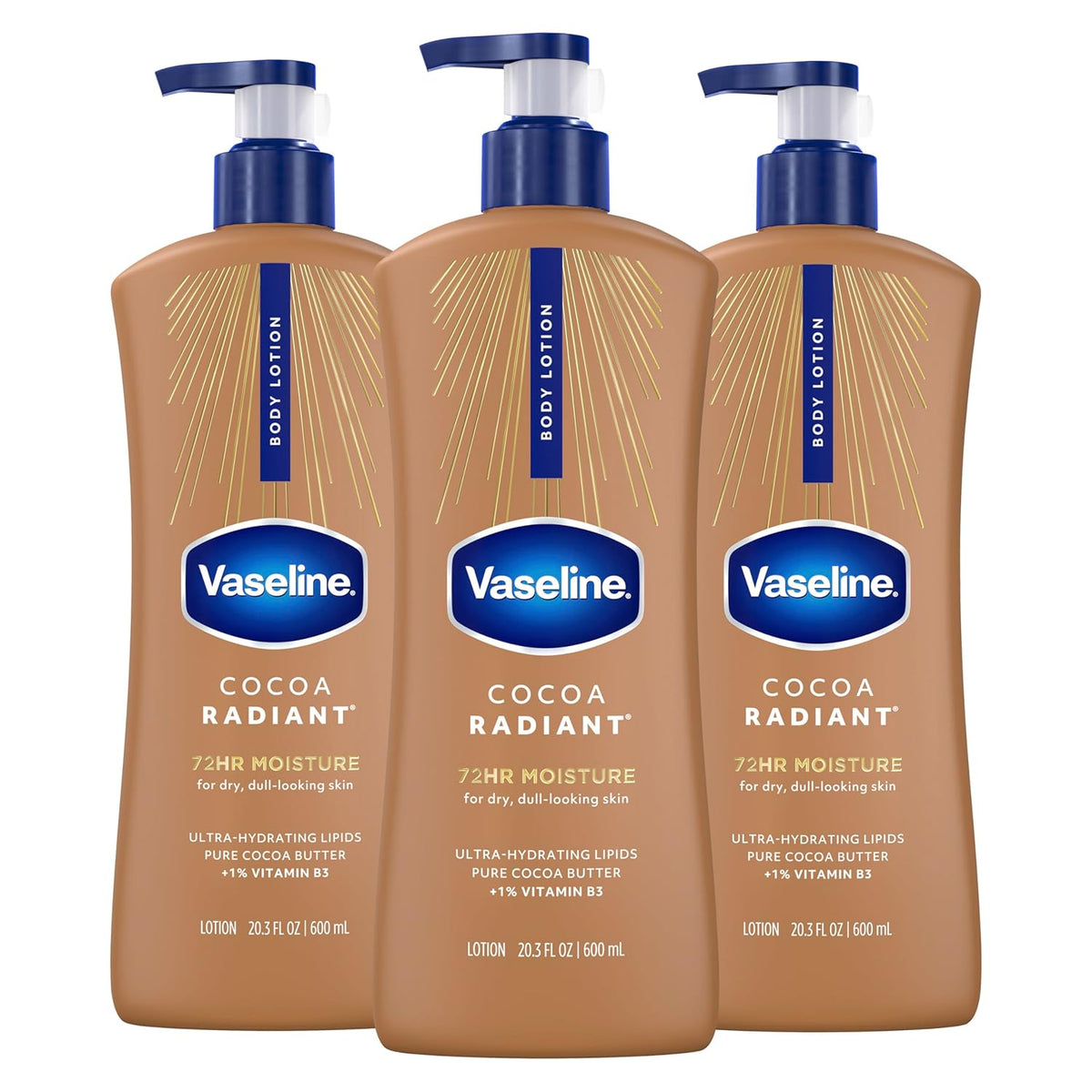 Vaseline Intensive Care Body Lotion Cocoa Radiant 3 count for Dry Skin Lotion Made with Ultra-Hydrating Lipids and Pure Cocoa Butter for a Long-Lasting, Radiant Glow 20.3 Oz
