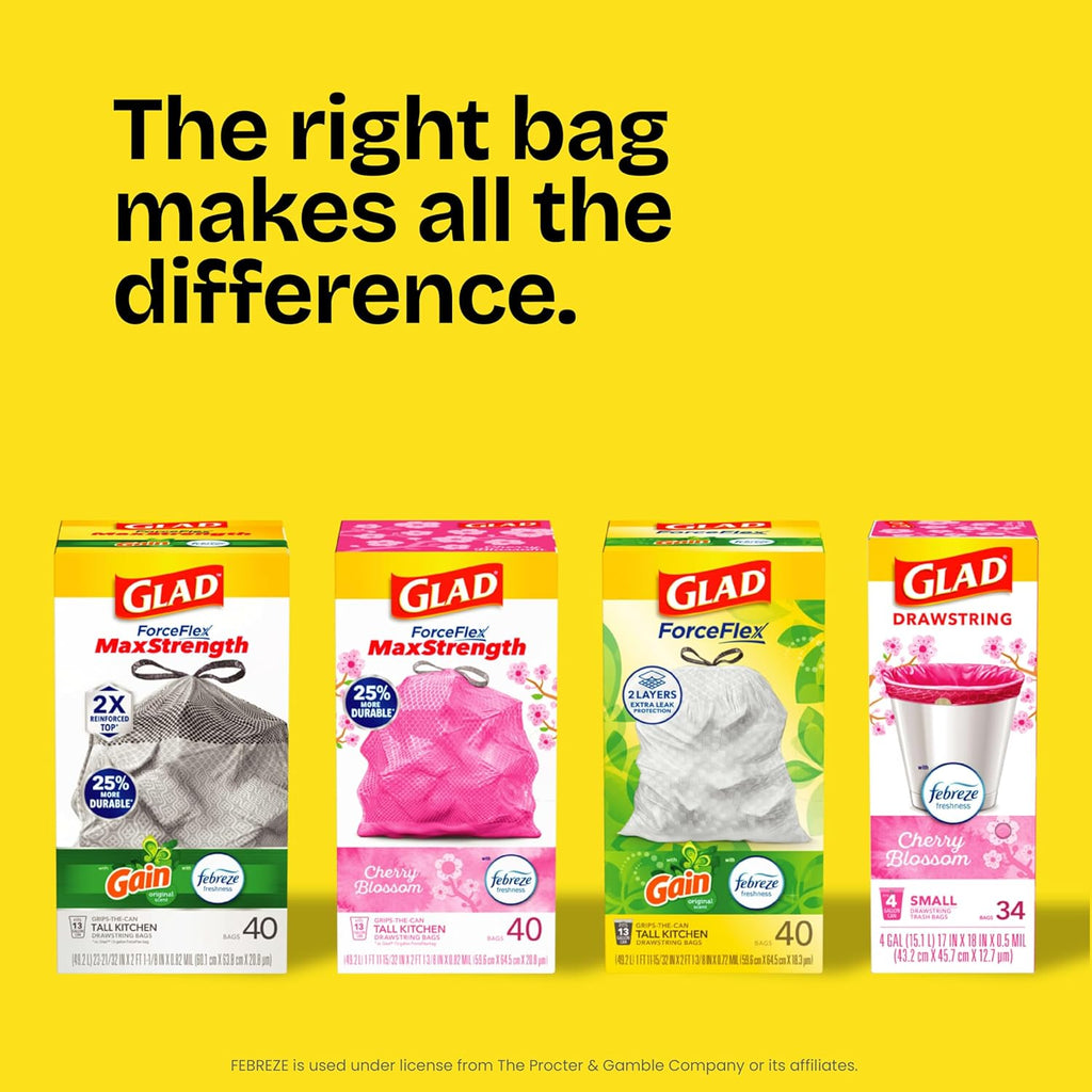 Glad Tall Kitchen Drawstring Trash Bags - Odorshield 13 Gallon White Trash Bag, Febreze Fresh Clean, 110 Count