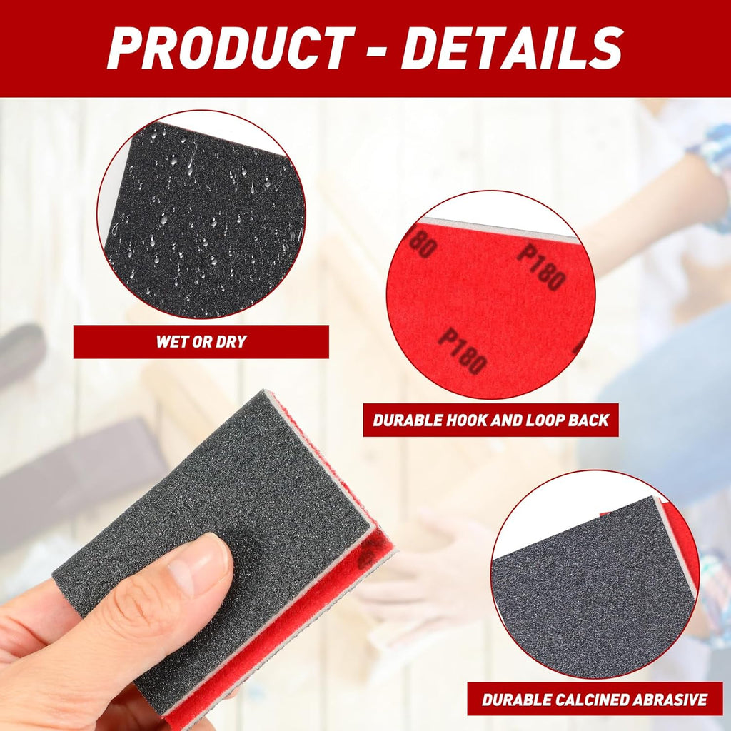 24 Pcs Sanding Sponge 80-3000 Grit Sandpaper Assortment, Washable & Reusable Sanding Blocks for Wood, Metal, Drywall, Glazing, Wet Dry Sandpaper for Smooth Finishing