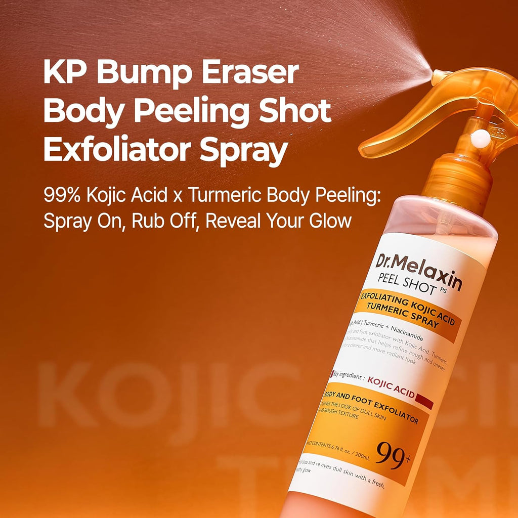 Dr.Melaxin Body Keratin Care Kojic Acid Turmeric Spray with AHA & PHA, Gentle Body Brightening & Exfoliating Peeling Solution for Dead Skin Cells & Texture, Korean Skincare, 6.76 fl.oz