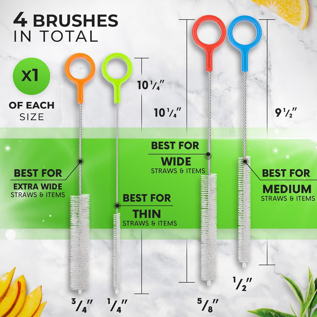 Buenalife Heavy Duty Cleaning Brushes Set of 4 - Extra Long Straw Cleaners for Metal and Plastic Reusable Drinking Straws, to Clean Small Spaces, Sippy Cups, Water Bottles - Sturdy Hard Brush Bristles
