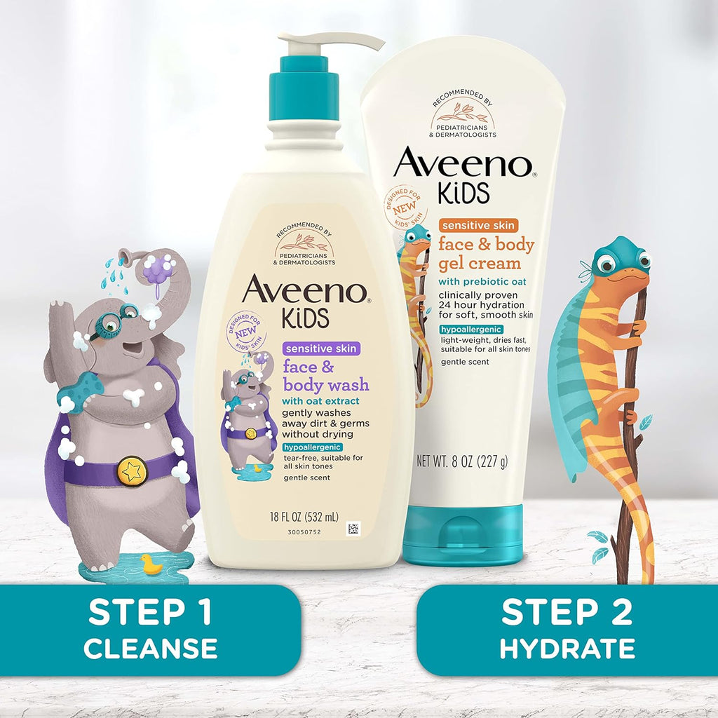 Aveeno Kids Face & Body Wash for Sensitive Skin, Oat Extract, Tear-Free, Non-Drying, Light Scent, Pump Dispenser, Hypoallergenic, Sulfate & Dye Free, 18 fl oz