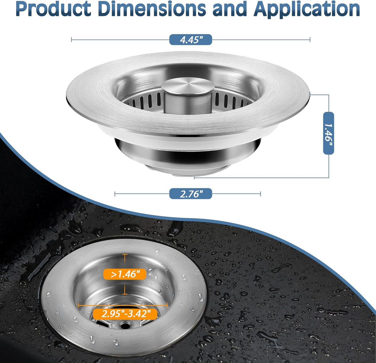 Kitchen Sink Drain Strainer 3 in 1, 304 Stainless Steel Pop Up Sink Stopper, Anti-Clogging Sink Drain Strainer for US Standard Kitchen Drain (SUS304 Brushed)