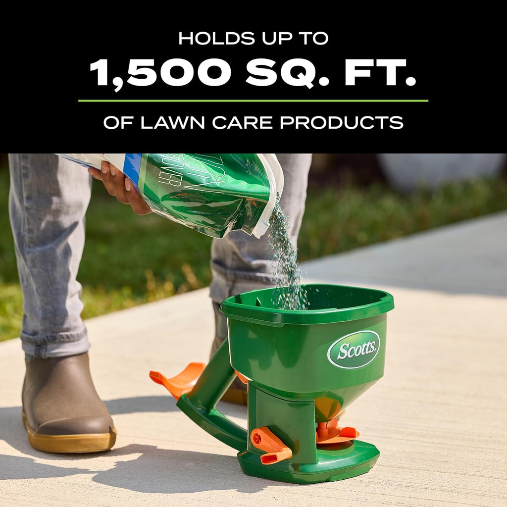 Scotts Whirl Hand-Powered Spreader - for Grass Seed, Lawn Fertilizers, Salt, and Ice Melt, Handheld Spreader Holds up to 1,500 sq. ft. of Product