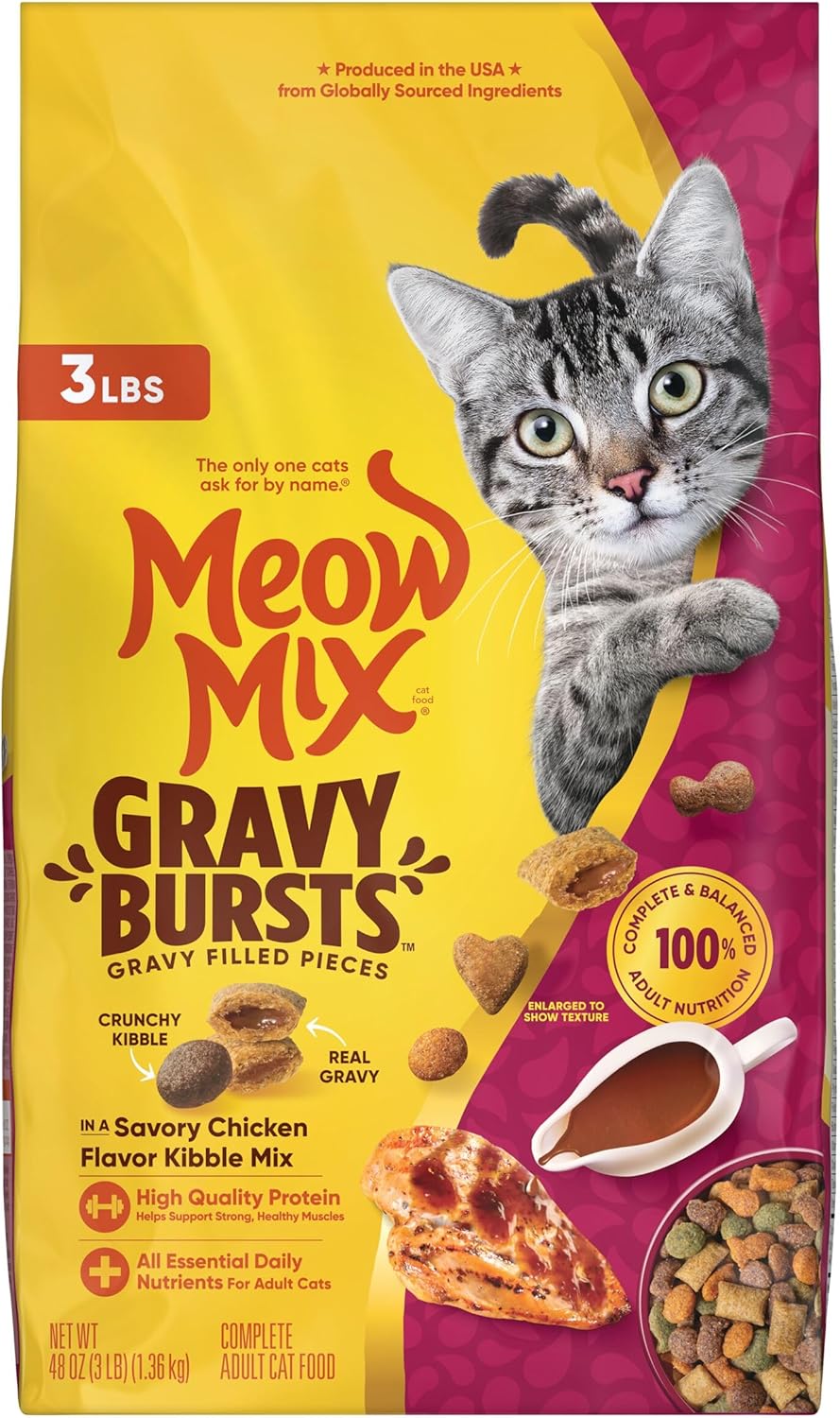 Meow Mix Gravy Bursts, Savory Chicken Flavor Mix, Gravy Filled Dry Cat Food, 3 lb. Bag