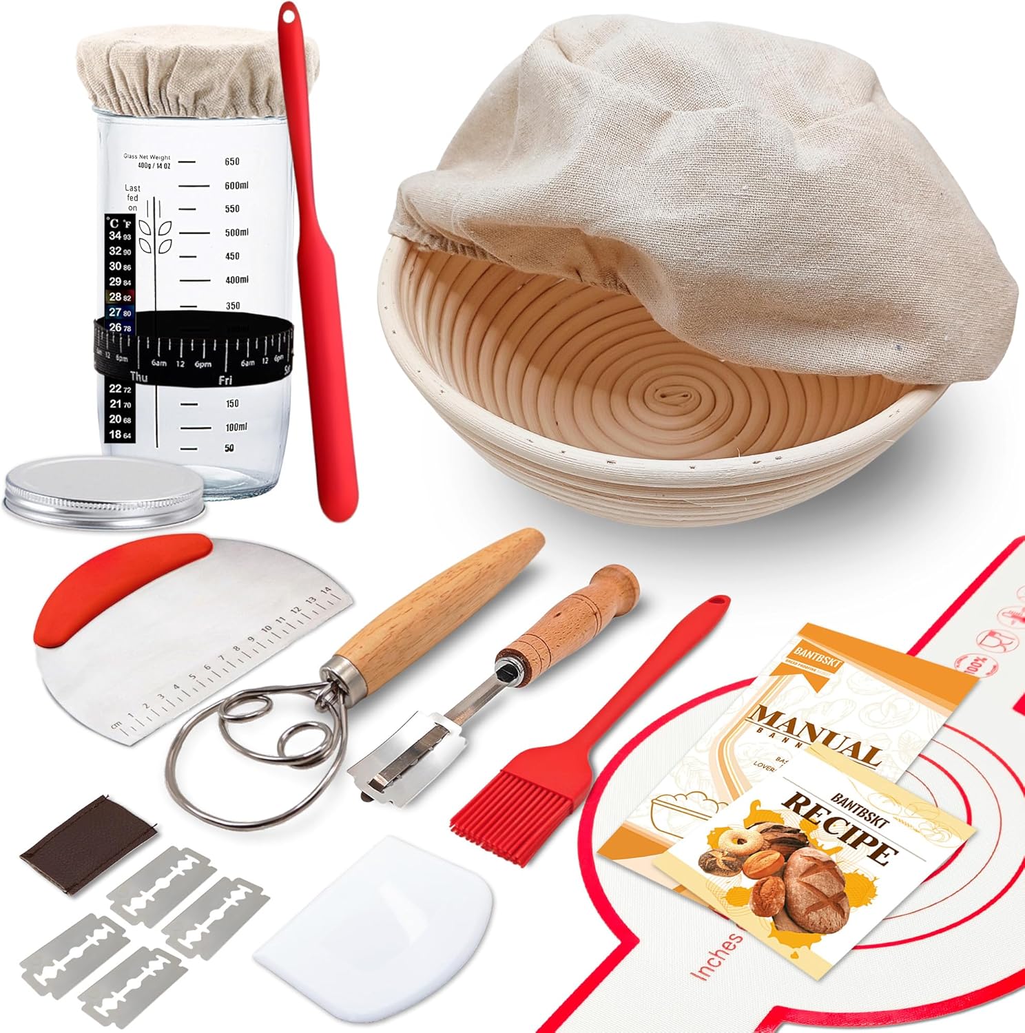 Complete Sourdough Starter Kit, Banneton Bread Proofing Basket with Glass Sourdough Starter Jar, Sourdough Bread Baking Supplies, 9'' Round Bread Proofing Basket, for Bread Making Baking Fermentation