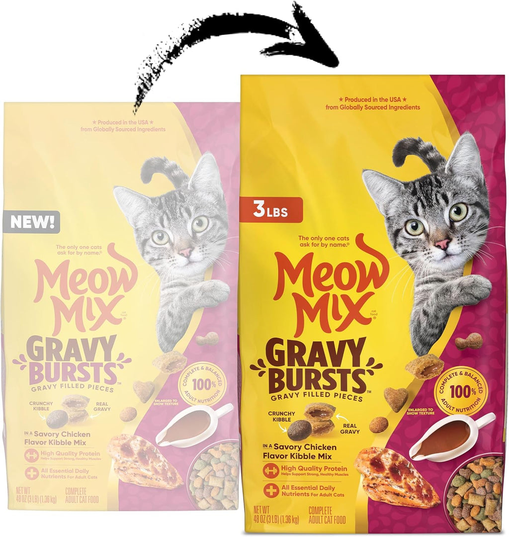 Meow Mix Gravy Bursts, Savory Chicken Flavor Mix, Gravy Filled Dry Cat Food, 3 lb. Bag