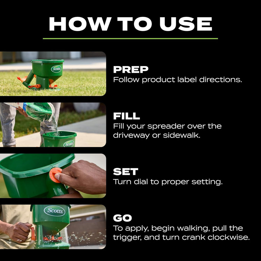 Scotts Whirl Hand-Powered Spreader - for Grass Seed, Lawn Fertilizers, Salt, and Ice Melt, Handheld Spreader Holds up to 1,500 sq. ft. of Product