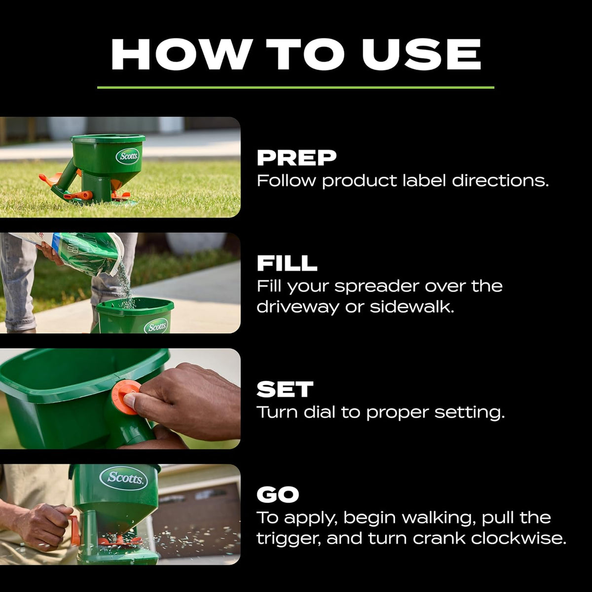 Scotts Whirl Hand-Powered Spreader - for Grass Seed, Lawn Fertilizers, Salt, and Ice Melt, Handheld Spreader Holds up to 1,500 sq. ft. of Product