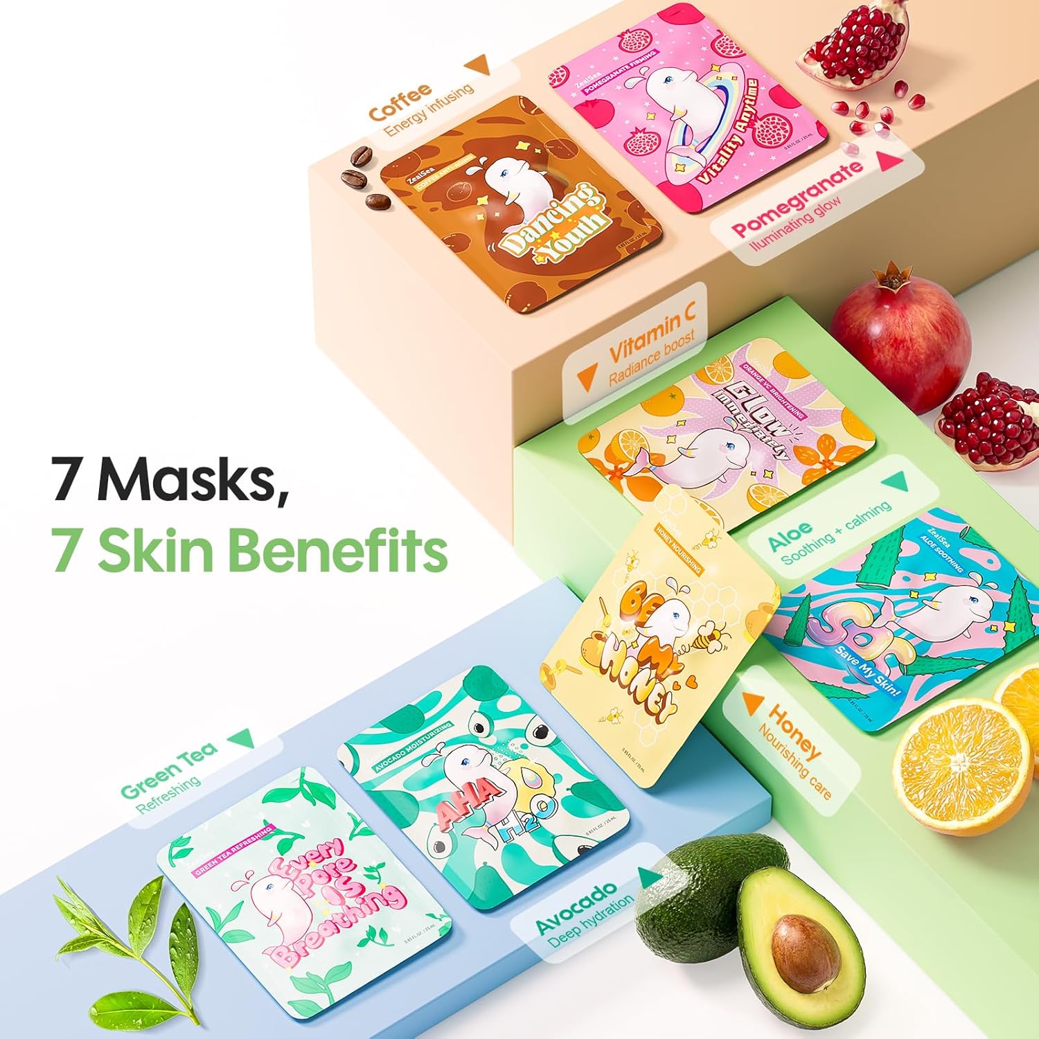 ZealSea Face Masks Skincare for Women, Variety 7Days Facial Sheet Mask Set for Deep Hydrating & Glow, Daily Self-Care Gift & Family Moment for Teens Kids Girls Birthday Party, Safe for all Skin types