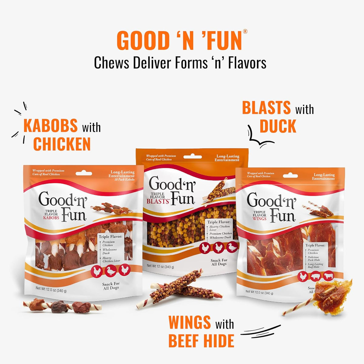 Good ‘n’ Fun Triple Flavor Kabobs Chews for All Dogs, 24 Ounces, Treat Your Dog to Long-Lasting Chews Made from Beef Hide, Real Chicken, Pork Hide, Duck and Chicken Liver