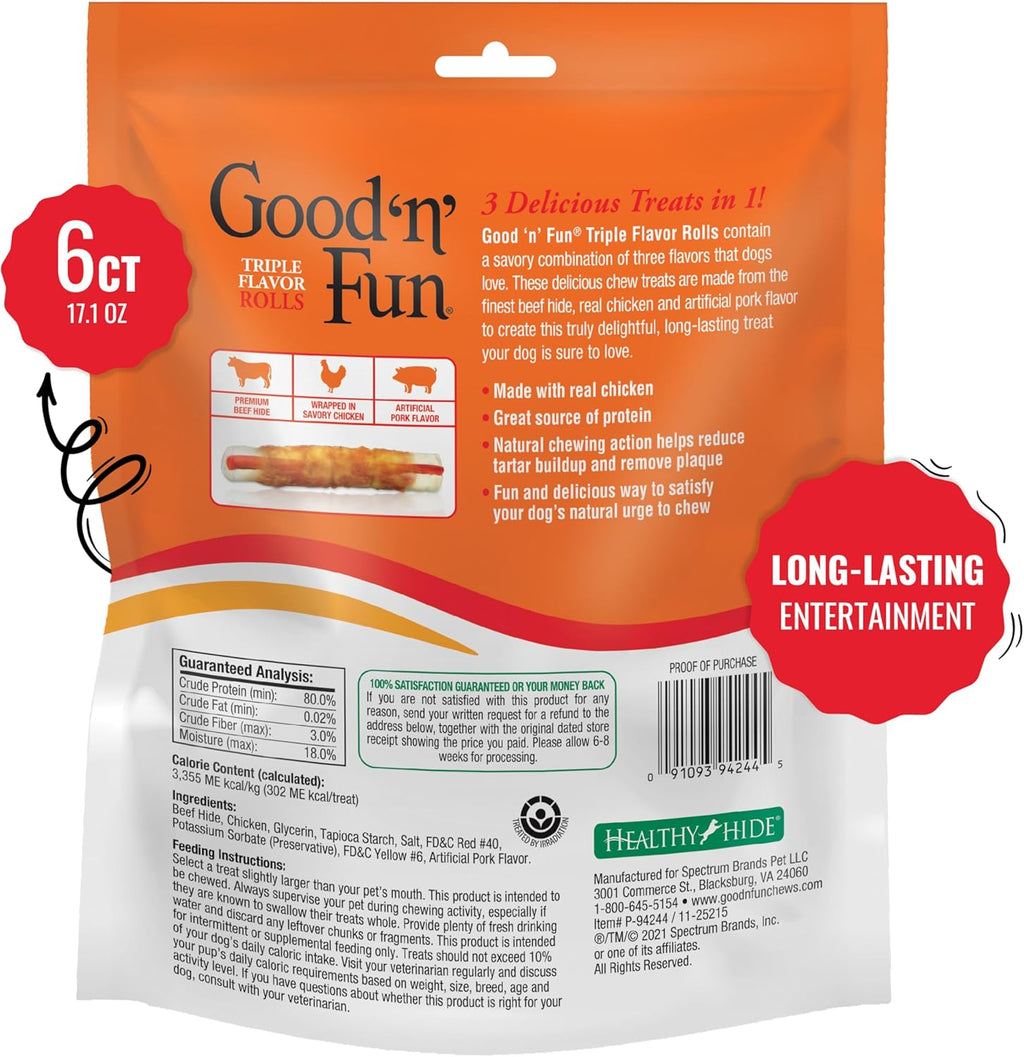 Good ‘n’ Fun Triple Flavor Rolls for Large Dogs, Treat Your Dog to Long-Lasting Chews Made with Real Beef Hide and Chicken, 6 Count