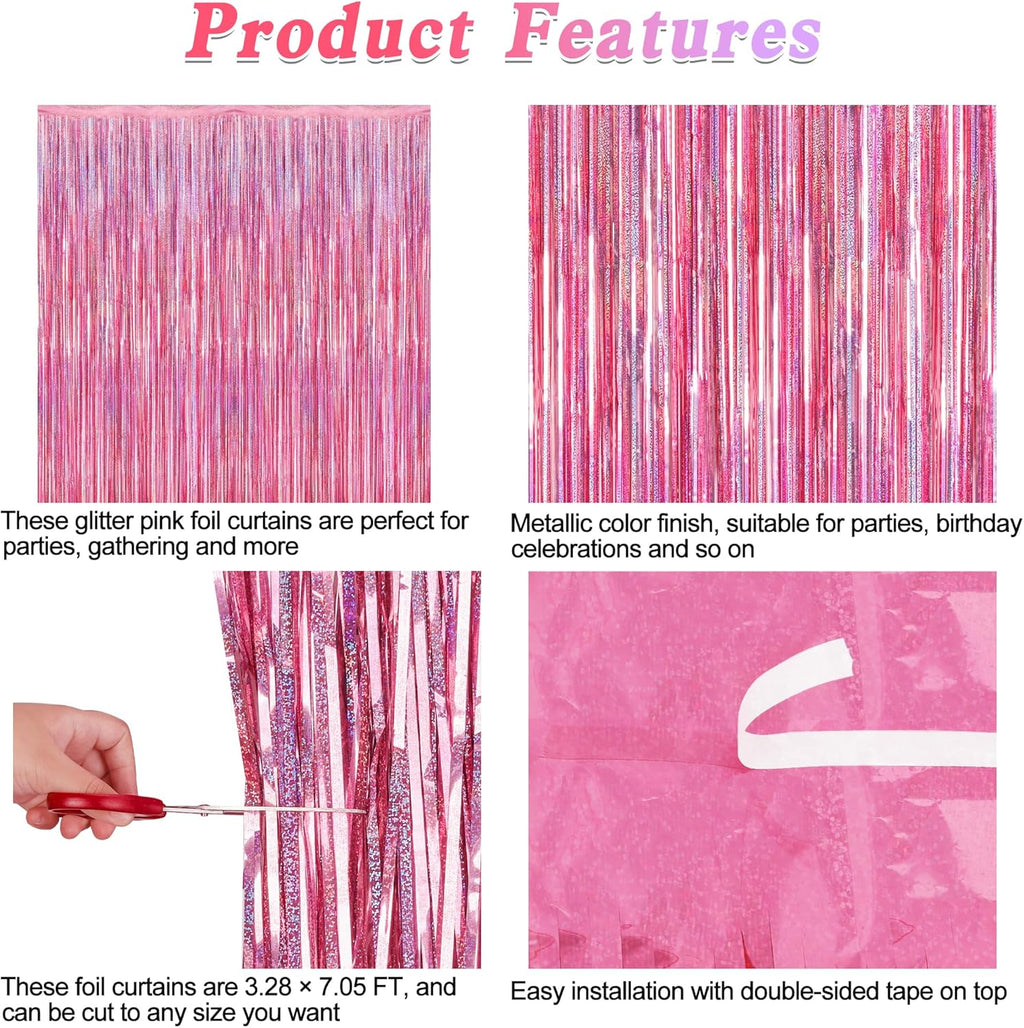 2 Pack Glitter Pink Backdrop, 3.28 FT x 7.05 FT Birthday Party Decorations, Laser Pink Fringe Curtains Foil Streamer Tinsel, Pink Curtains Photo Backdrop Happy Birthday Valentines Day Backdrop