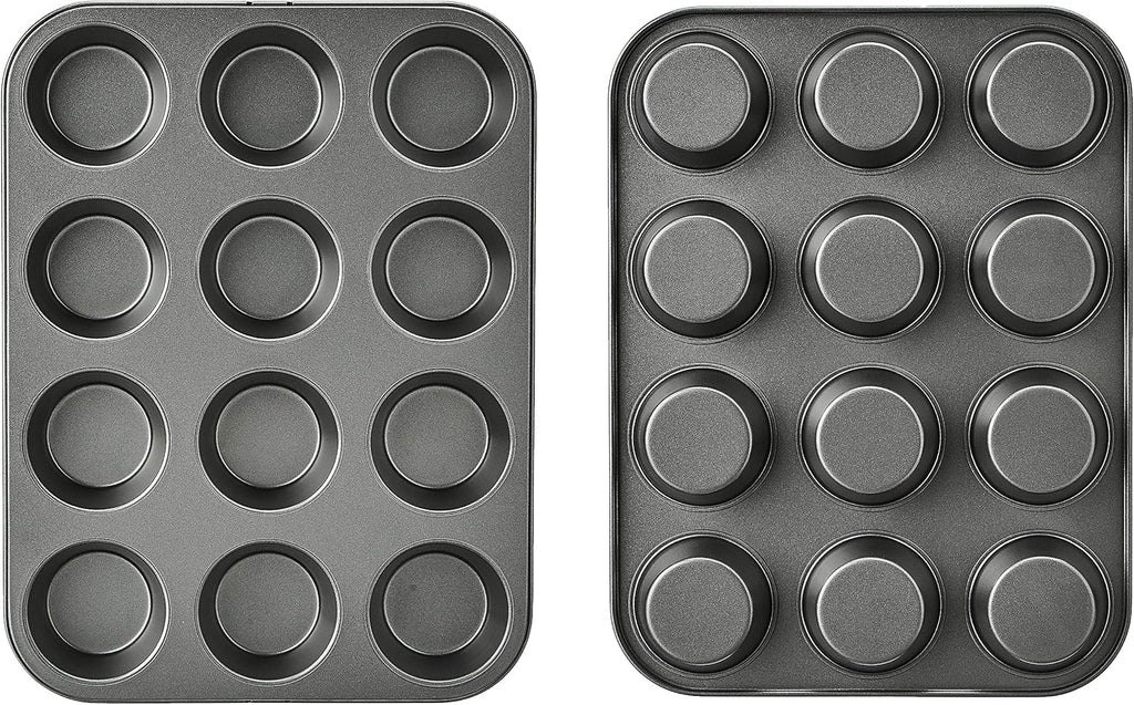Amazon Basics Nonstick Muffin Pan, Set of 2, Sturdy, Oven Safe, Bakes Evenly, Easy to Clean, 12 Cups, Gray, 13.9x10.55x1.22"