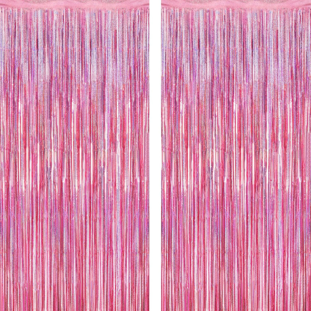 2 Pack Glitter Pink Backdrop, 3.28 FT x 7.05 FT Birthday Party Decorations, Laser Pink Fringe Curtains Foil Streamer Tinsel, Pink Curtains Photo Backdrop Happy Birthday Valentines Day Backdrop