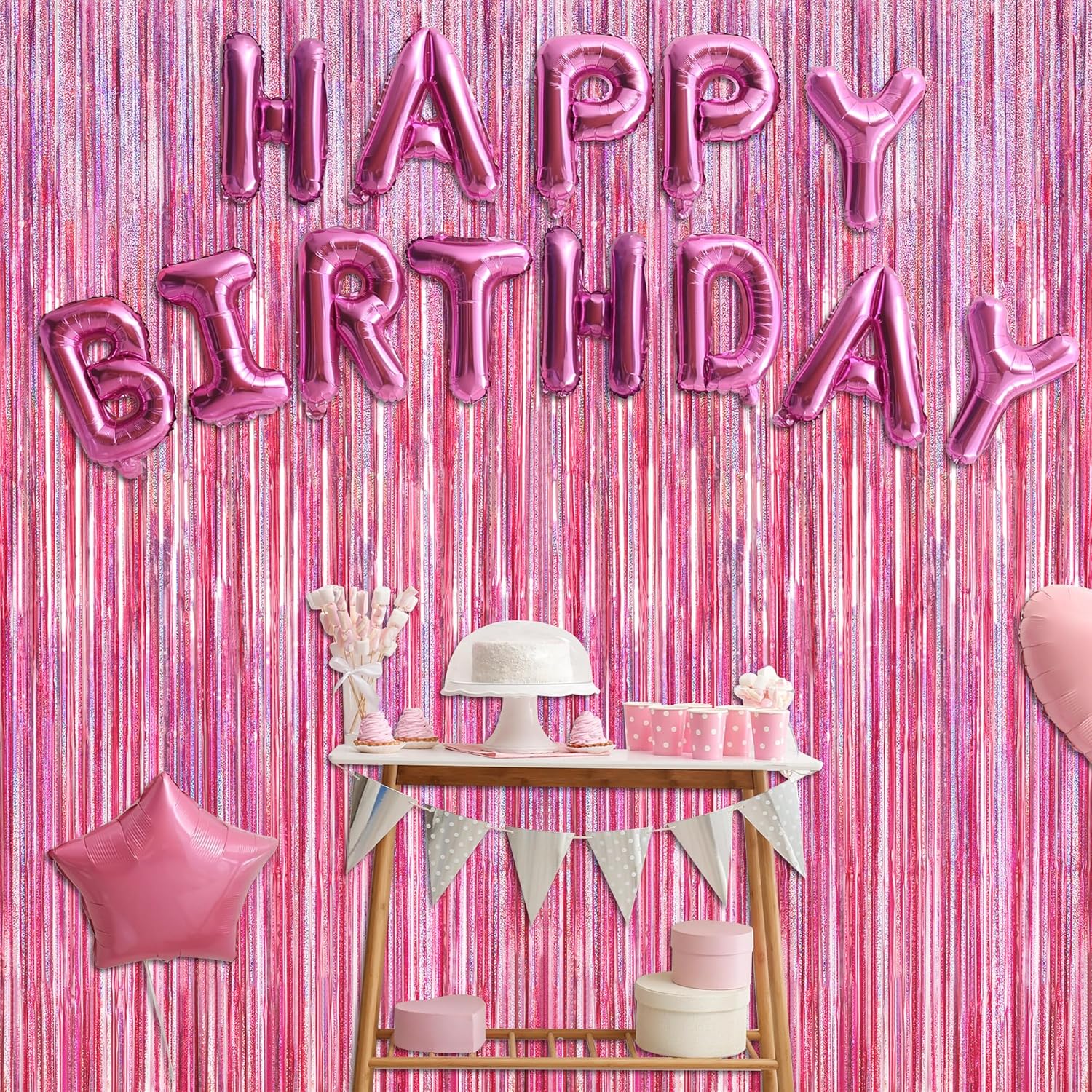 2 Pack Glitter Pink Backdrop, 3.28 FT x 7.05 FT Birthday Party Decorations, Laser Pink Fringe Curtains Foil Streamer Tinsel, Pink Curtains Photo Backdrop Happy Birthday Valentines Day Backdrop