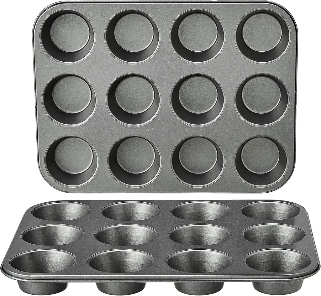 Amazon Basics Nonstick Muffin Pan, Set of 2, Sturdy, Oven Safe, Bakes Evenly, Easy to Clean, 12 Cups, Gray, 13.9x10.55x1.22"