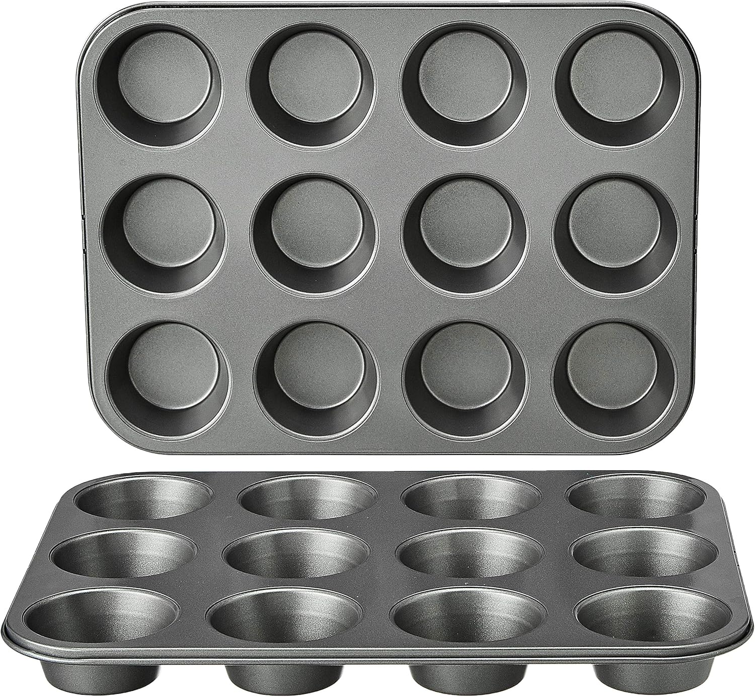 Amazon Basics Nonstick Muffin Pan, Set of 2, Sturdy, Oven Safe, Bakes Evenly, Easy to Clean, 12 Cups, Gray, 13.9x10.55x1.22"